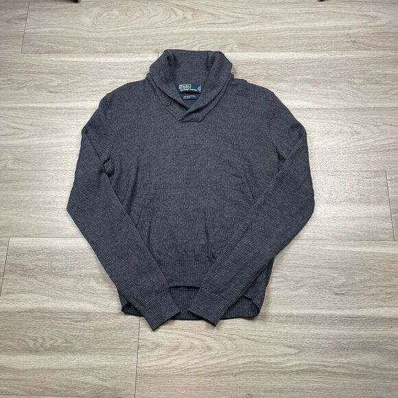 Vintage Polo Ralph Lauren Sweater Mens Medium Gray Merino Wool Shawl Neck Golf - Picture 1 of 11